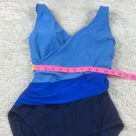 L.L. Bean UPF 40 blue faux wrap one piece swimsuit, size 8 - Picture 5 of 8